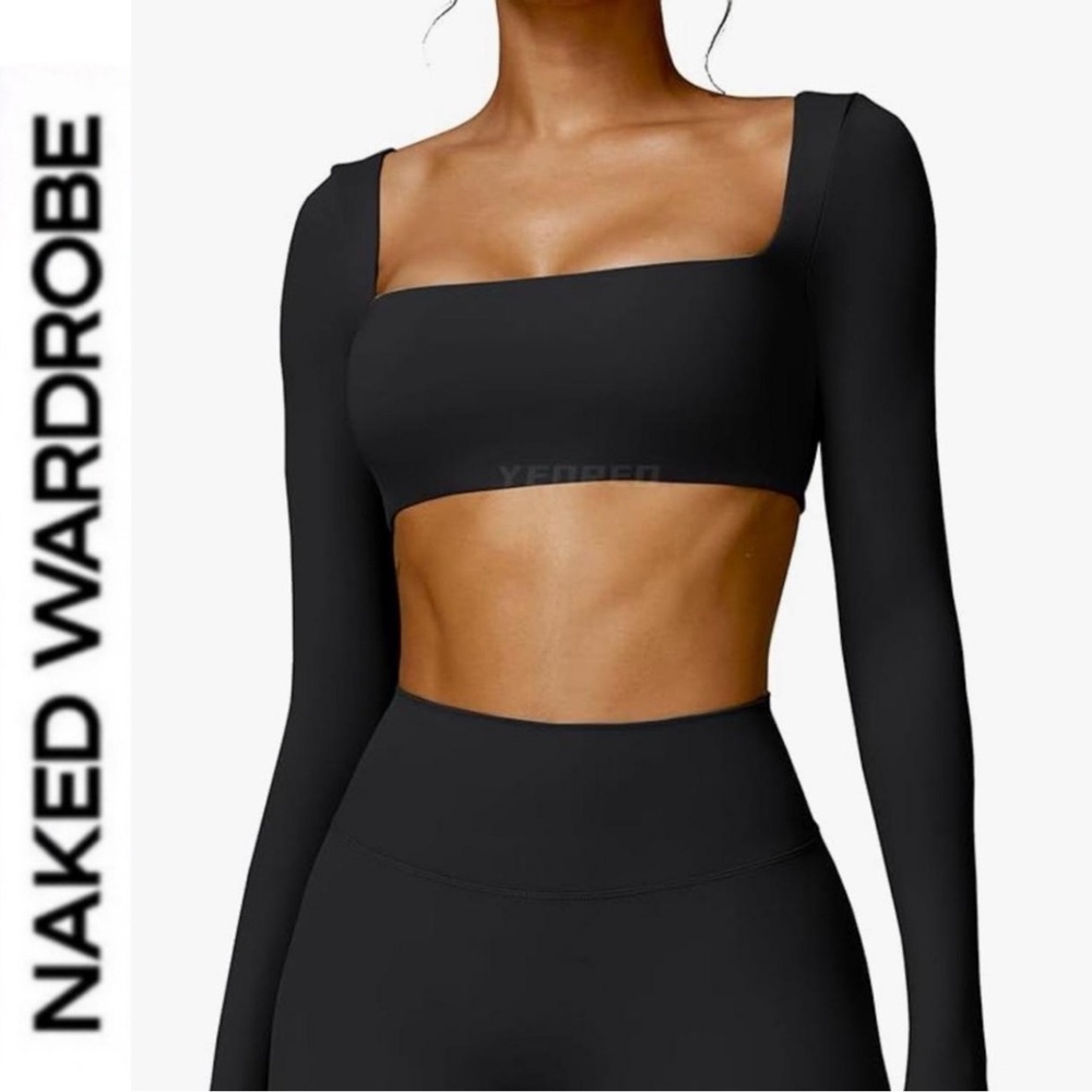 Naked Wardrobe🖤 Black Long Sleeve Square Neck Crop Top
